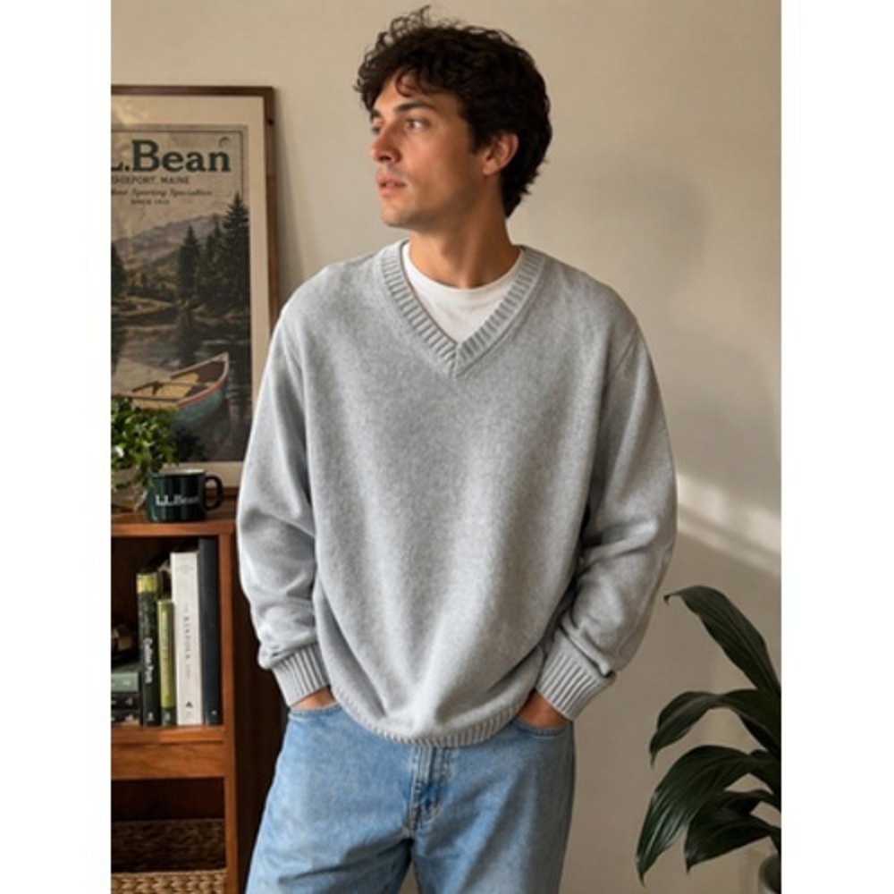 Vintage 90s L.L.Bean V Neck Sweater Mens Large Gray Cotton Preppy Grandpa Core